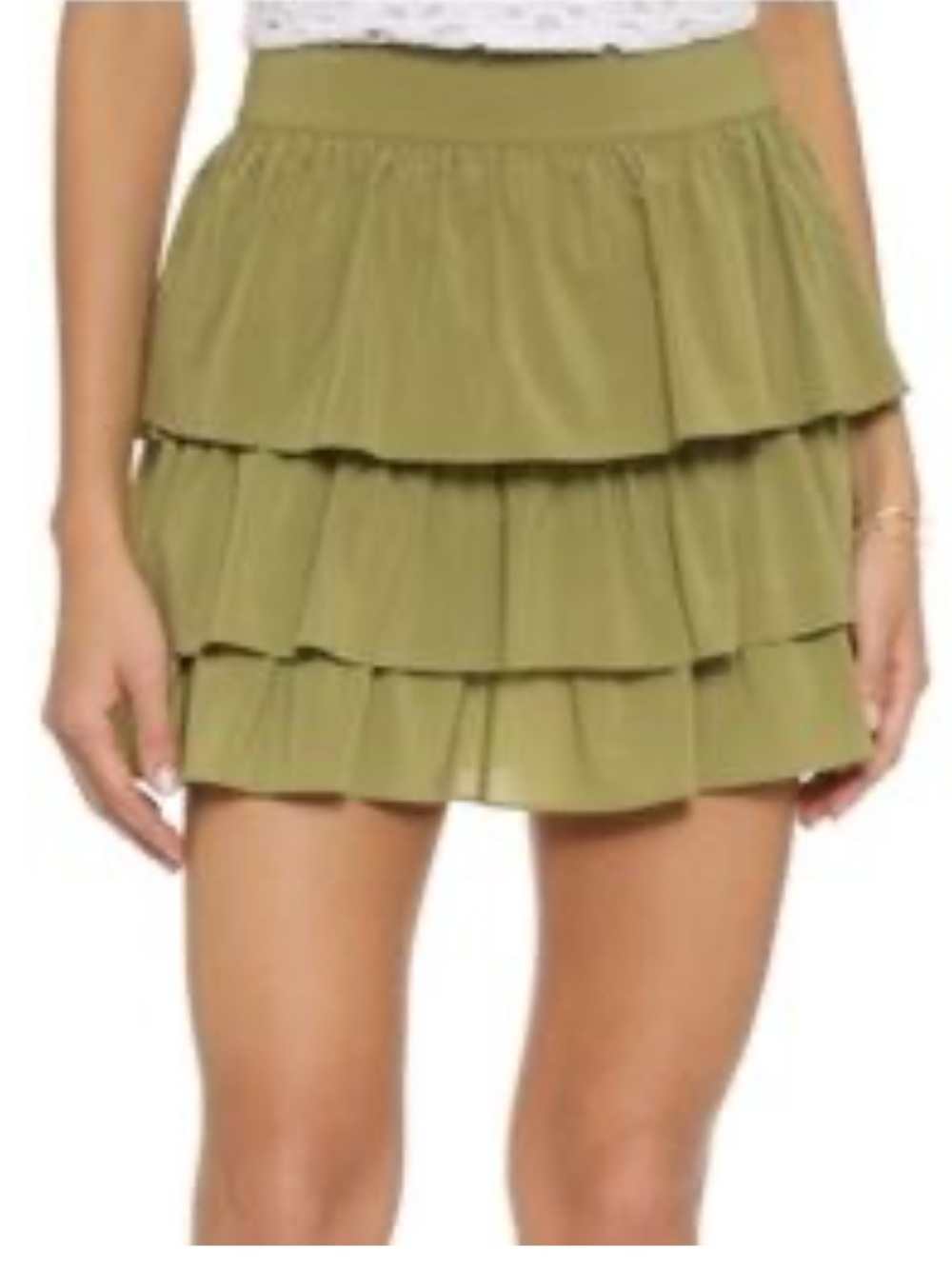 Alice + Olivia Silk Ruffle Mini Skirt Olive Green Size 8 Coquette